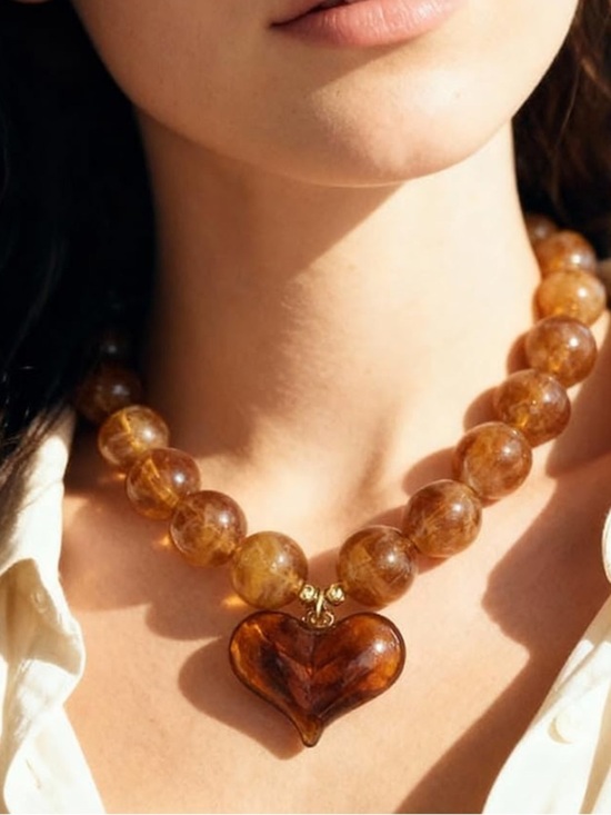 Anthropologie Jewelry - Anthropologie Amber Bead Heart Pendant Necklace - Brown Gold